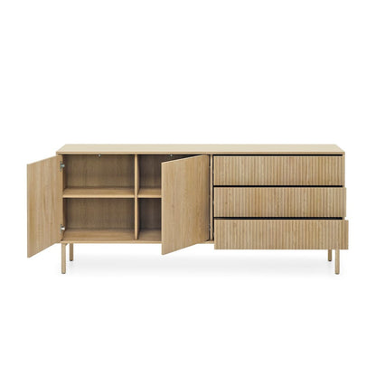 Wooden cabinet with open doors on a white background