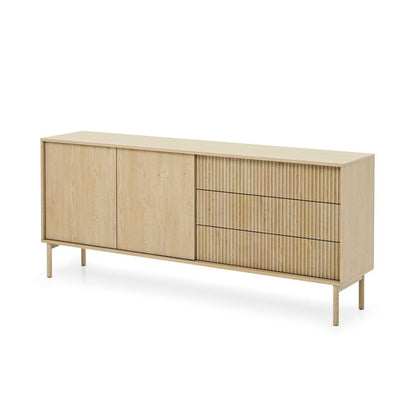 Wooden sideboard with four drawers and two doors on a white background