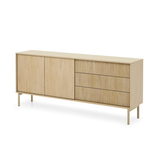Wooden sideboard with four drawers and two doors on a white background