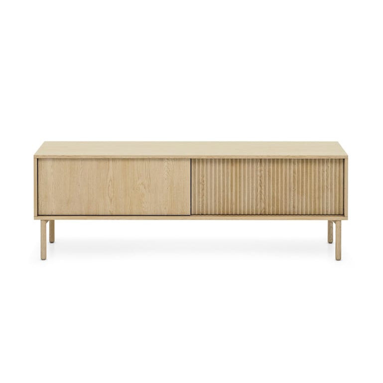 Wooden sideboard with sliding doors on a white background