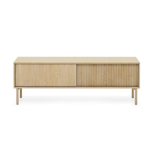 Wooden sideboard with sliding doors on a white background