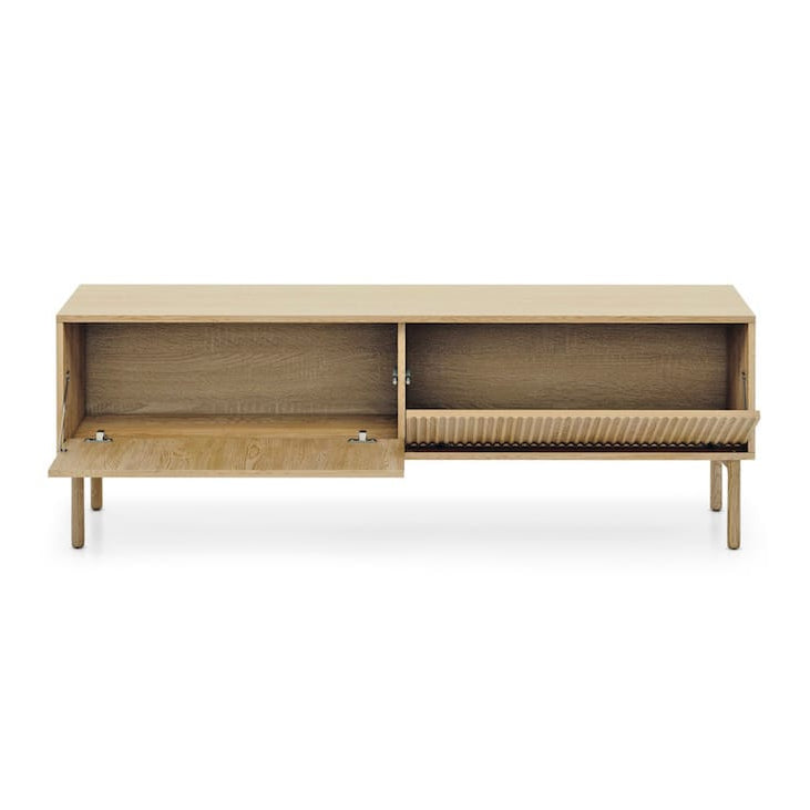 Beige wooden cabinet with wicker texture on a white background