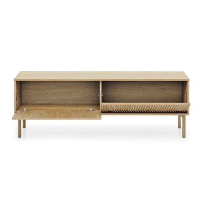 Beige wooden cabinet with wicker texture on a white background