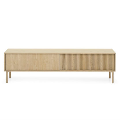 Wooden sideboard with sliding door on a white background