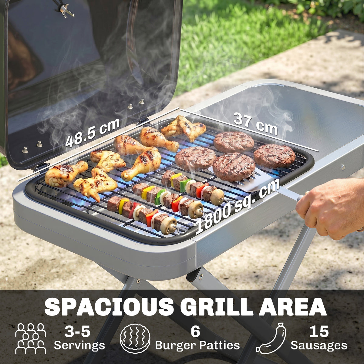 Outsunny Foldable Gas BBQ Grill with Side Table, Portable Gas Barbecue Grill with Thermometer, Grease Box, Wheels, 2.5 kW, Black