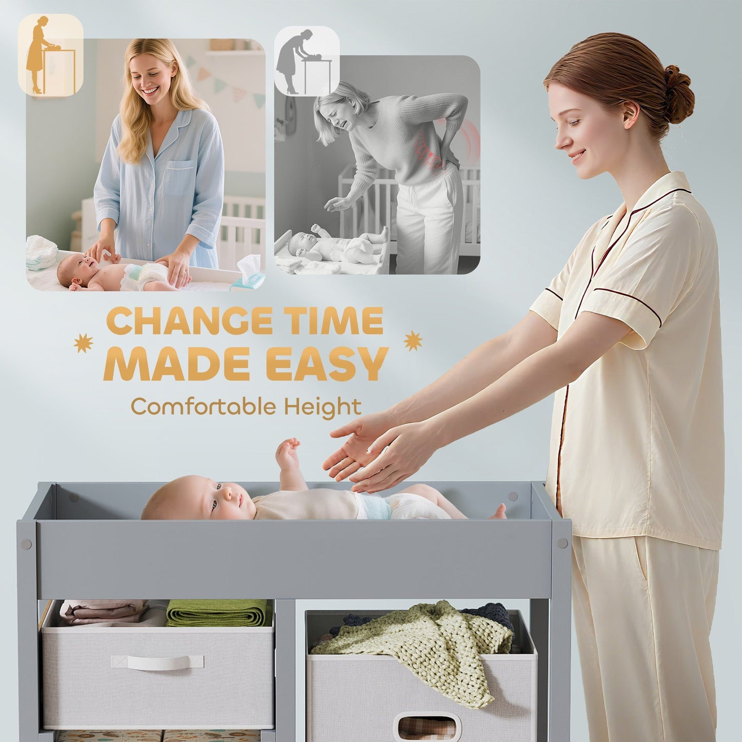AIYAPLAY Baby Changing Unit with 4 Storage Drawers, Mat for Bedroom Nursery, 84 x 84.5 cm, Grey
