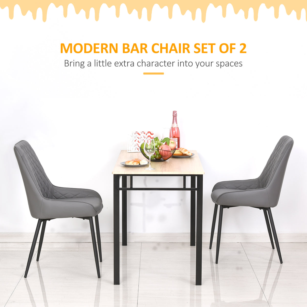 HOMCOM Set Of 2 Quilted PU Leather Dining Chairs with Metal Frame 4 Legs Foot Caps Home Seating Modern Stylish Executive Grey
