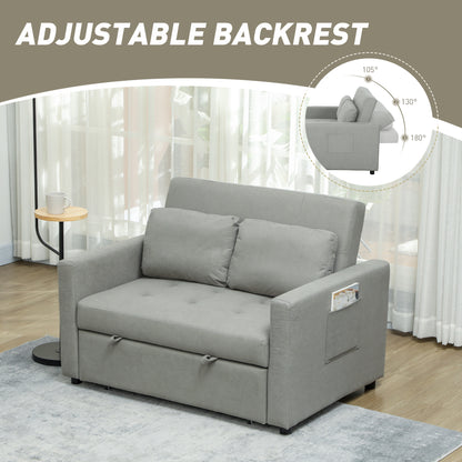 HOMCOM Loveseat Sofa Bed, Convertible Bed Settee with 2 Pillows, Side Pockets, Light Grey