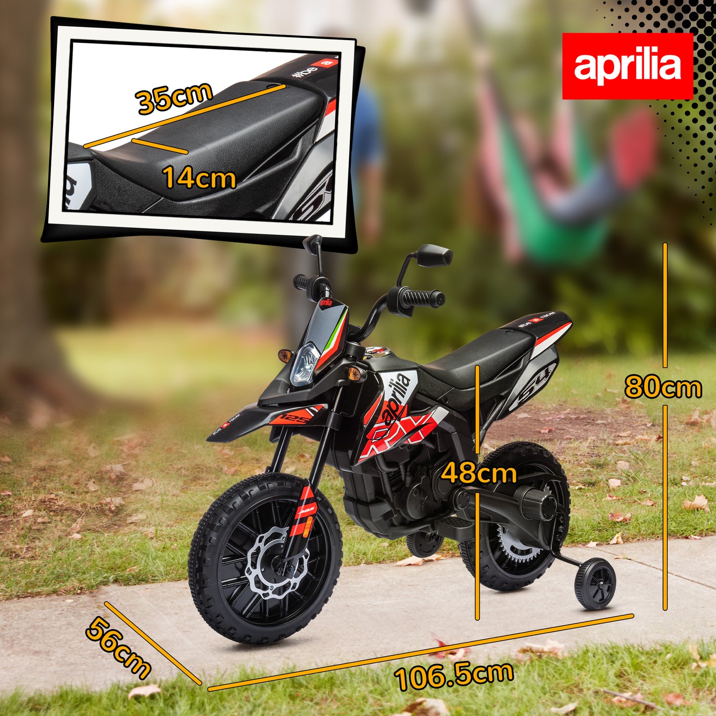 AIYAPLAY 12V Aprilia Licensed Kids Motorbike with Training Wheels, Spring Suspension, LED Headlight, USB, Music, Red/Black
