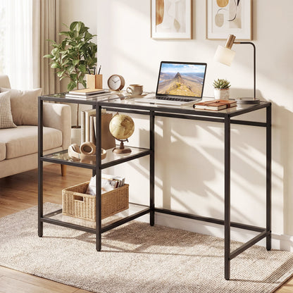Tempered Glass Computer Desk Modern Office Desk with Open Storage Shelves-Black