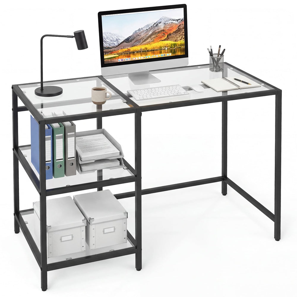 Tempered Glass Computer Desk Modern Office Desk with Open Storage Shelves-Black