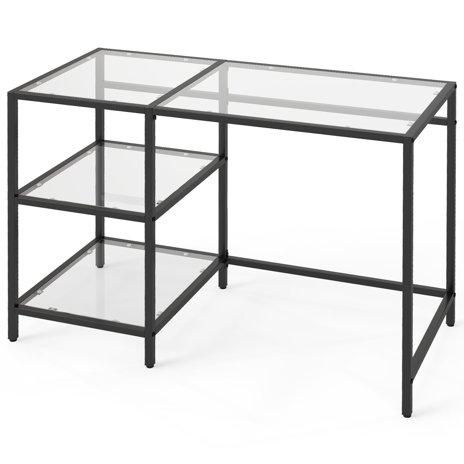 Tempered Glass Computer Desk Modern Office Desk with Open Storage Shelves-Black