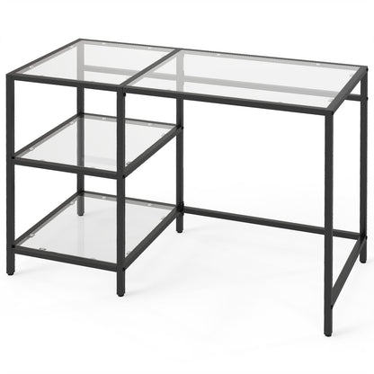 Tempered Glass Computer Desk Modern Office Desk with Open Storage Shelves-Black