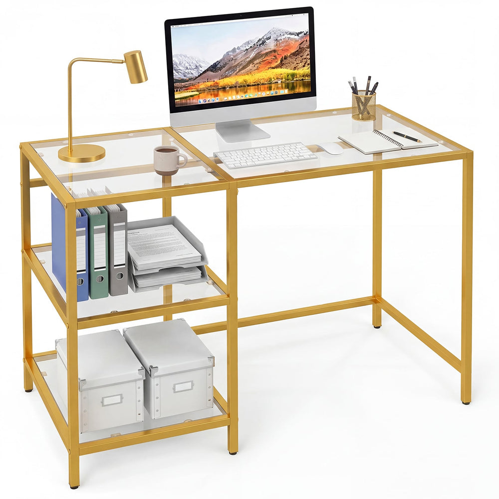 Tempered Glass Computer Desk Modern Office Desk with Open Storage Shelves-Gold