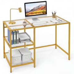 Tempered Glass Computer Desk Modern Office Desk with Open Storage Shelves-Gold