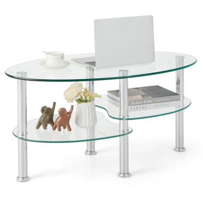 3-tier Tempered Glass Coffee Table wIth Steel Frame-Transparent