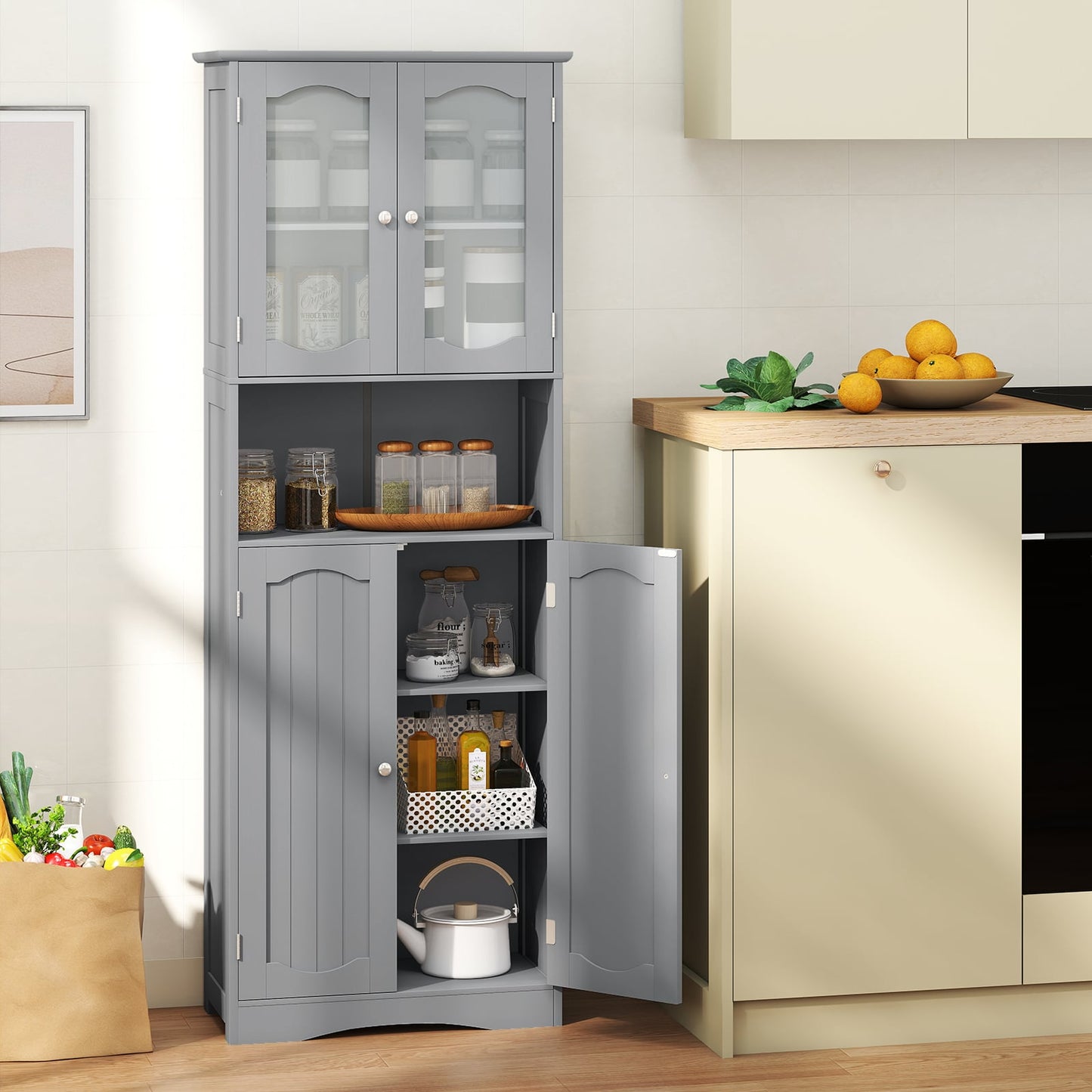 Tempered Glass Door Pantry Cabinet with 3-Position Adjustable Shelves-Grey
