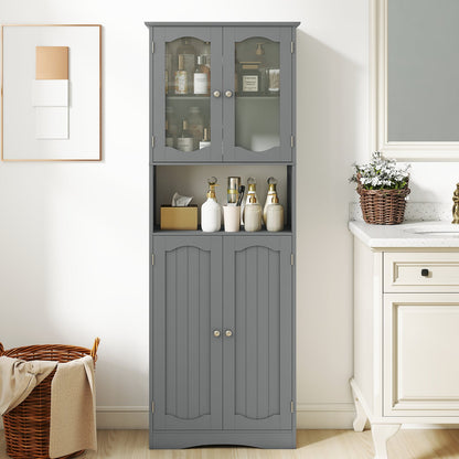 Tempered Glass Door Pantry Cabinet with 3-Position Adjustable Shelves-Grey