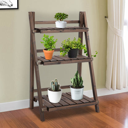 Outsunny 3-Tier Foldable Plant Stand, Wooden Ladder Shelf, Flower Pots Holder for Indoor Outdoor, 60L x 37W x 93H cm