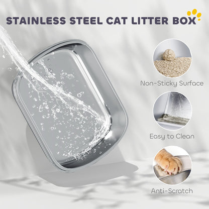 PawHut Stainless Steel Cat Litter Box with Lid, for Cats, Enclosed Cat Litter Box with Flip Cover, Scoop