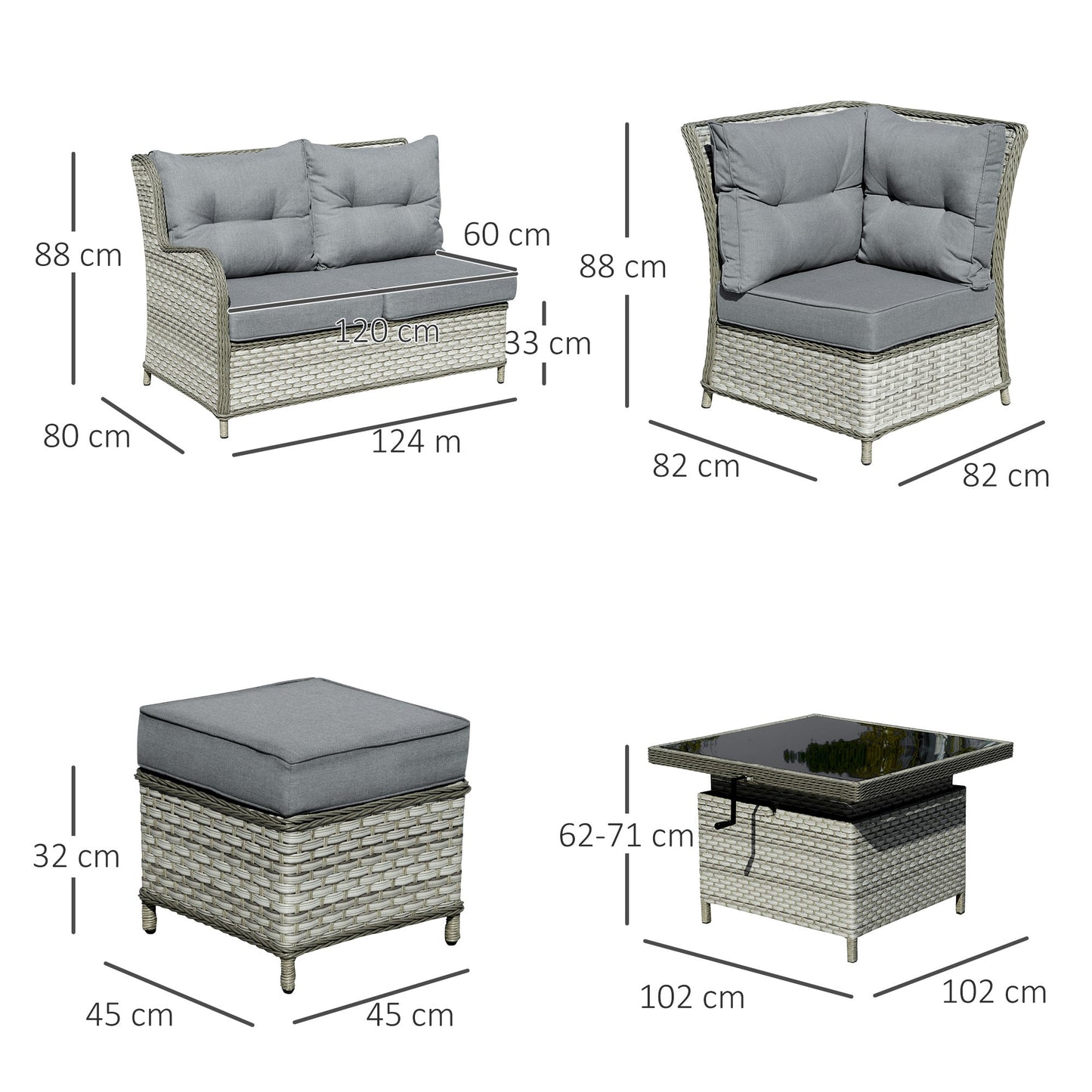 Outsunny 6 Pieces Patio PE Rattan Dining Sofa Set, Outdoor Wicker Sectional Conversation Aluminum Frame Furniture Set w/ Thick Padded Cushion & Liftable Coffee Table, Grey