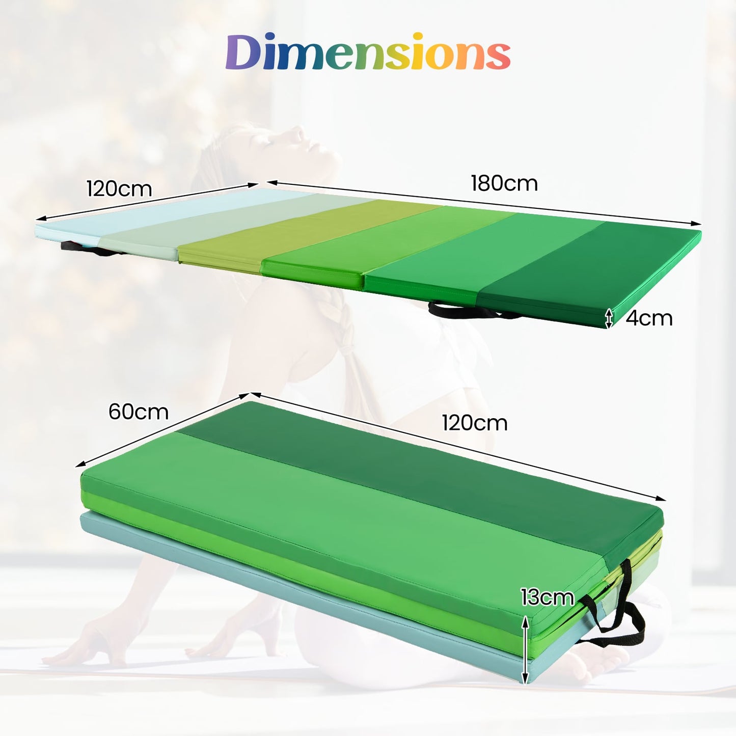 Gymnastics Mat Tri-Fold Thick Tumbling Mat with Hook and Loop Fasteners-Green