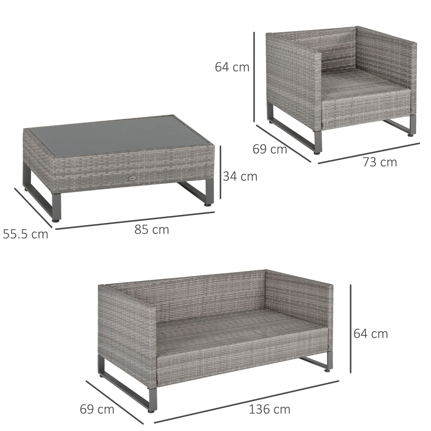 Outsunny 4 Pieces PE Rattan Garden Furniture with Cushion, Outdoor Wicker Conservatory Sofa Set w/ Armchairs, Loveseat, Glass Top Coffee Table, Grey