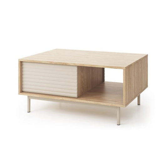 Wooden side table with a white drawer on a white background