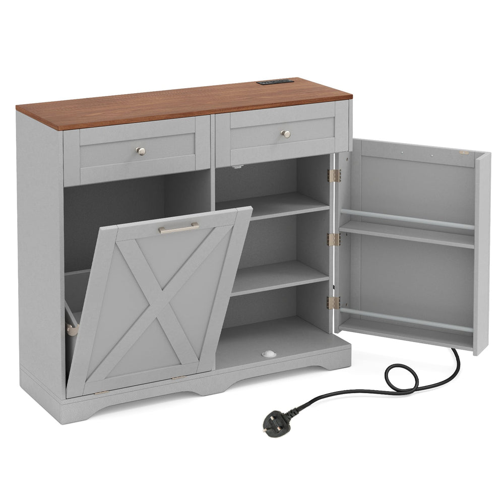 Tilt Out Trash Can Cabinet with Outlets and Adjustable Shelf for Kitchen-Grey