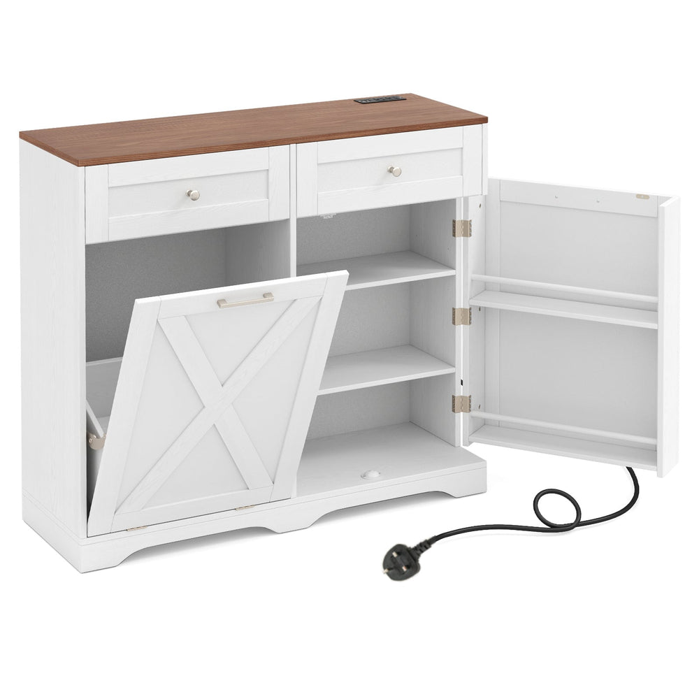 Tilt Out Trash Can Cabinet with Outlets and Adjustable Shelf for Kitchen-White