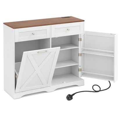 Tilt Out Trash Can Cabinet with Outlets and Adjustable Shelf for Kitchen-White