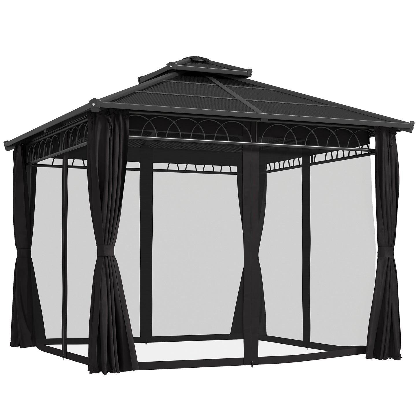 Outsunny 3 x 3 (m) Outdoor Polycarbonate Gazebo, DoubleÂ Roof Hard Top Gazebo withÂ Galvanised Steel Frame, NettingsÂ &Â Curtains for Garden, Lawn, Patio and Deck, Dark Grey