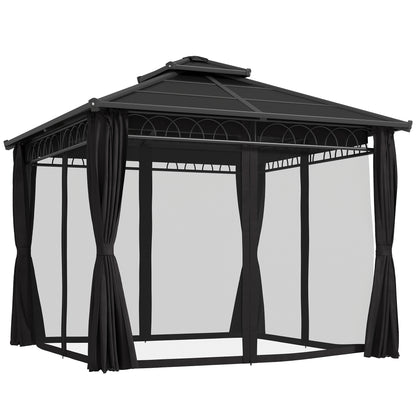 Outsunny 3 x 3 (m) Outdoor Polycarbonate Gazebo, DoubleÂ Roof Hard Top Gazebo withÂ Galvanised Steel Frame, NettingsÂ &Â Curtains for Garden, Lawn, Patio and Deck, Dark Grey