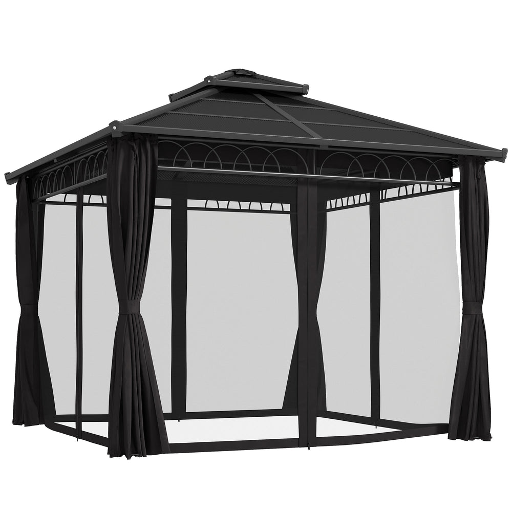 Outsunny 3 x 3 (m) Outdoor Polycarbonate Gazebo, Double Roof Hard Top Gazebo with Galvanised Steel Frame, Nettings & Curtains for Garden, Lawn, Patio and Deck, Dark Grey