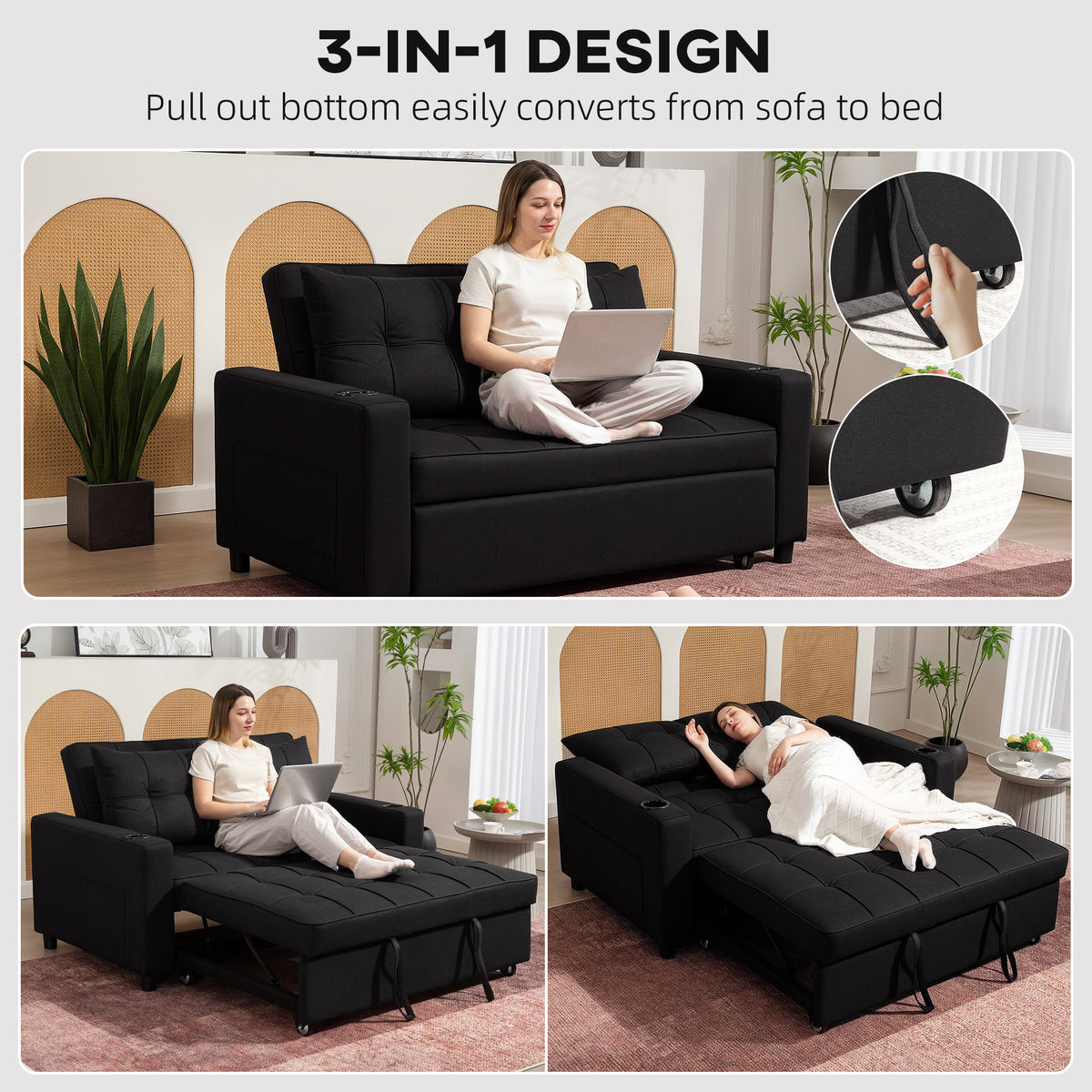 HOMCOM Two-Seater Pull-Out Sofa Bed - Black