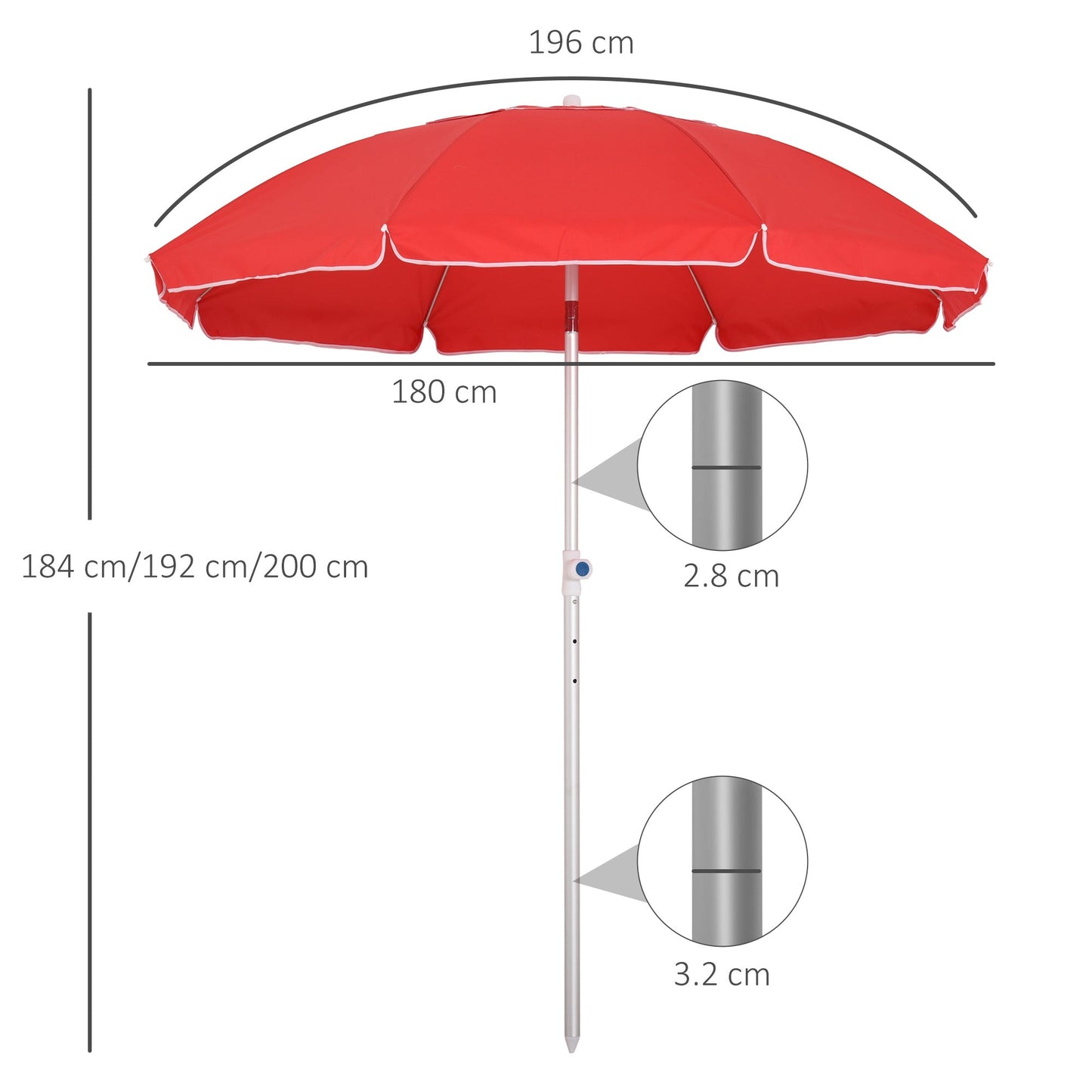1.9m Arced Beach Umbrella 3-Angle Canopy Parasol w/ Aluminium Frame Pointed Spike Carry Bag Outdoor Sun Safe Shelter Patio Red