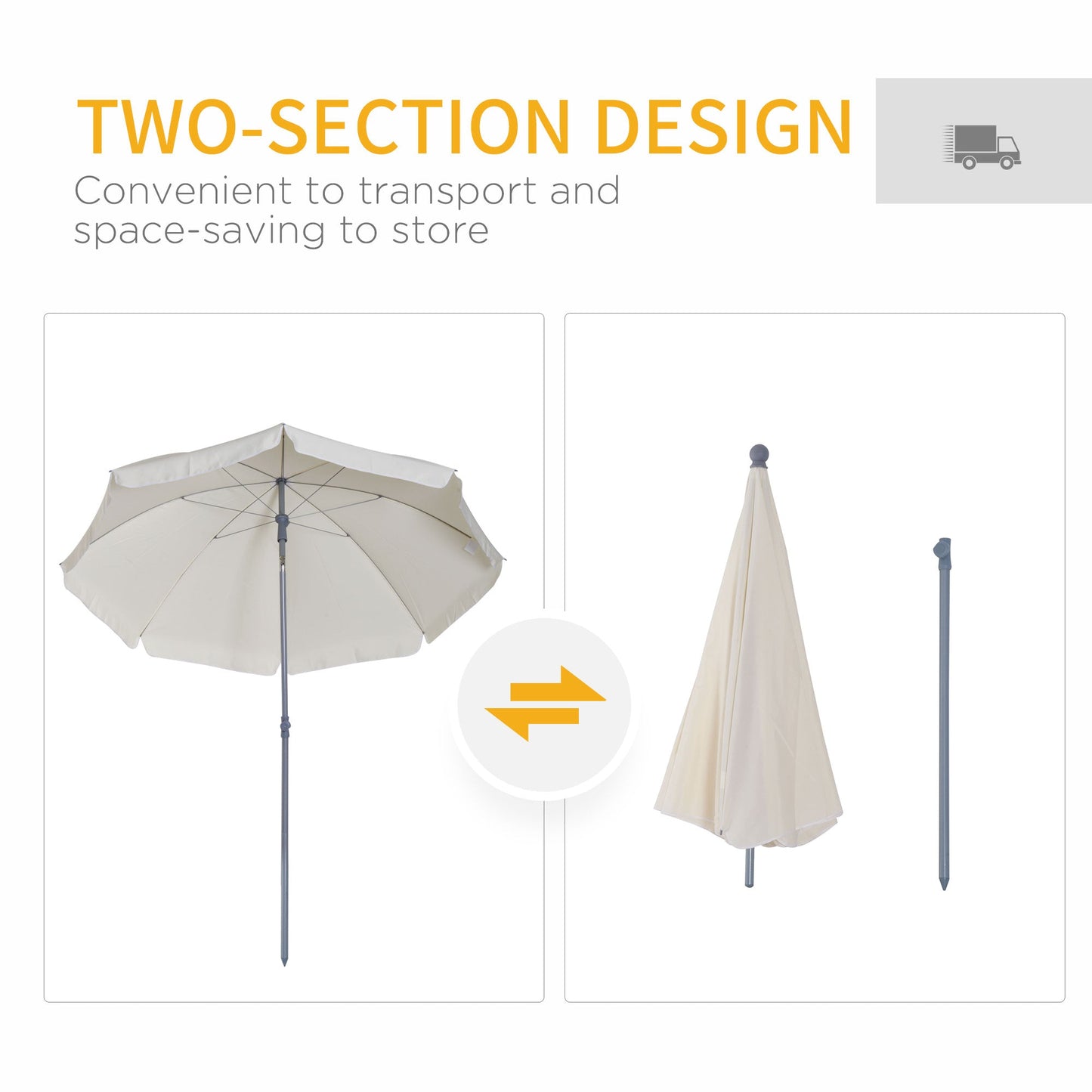 Outsunny 2.2m Beach Umbrella, Portable Parasol with Tilting Function, Outdoor Sunshade Shelter with 8 Ribs for Garden, Pool and Patio, Cream White