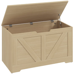 HOMCOM 100L Home Storage Box, with Safety Hinges - Natural Wood Finish