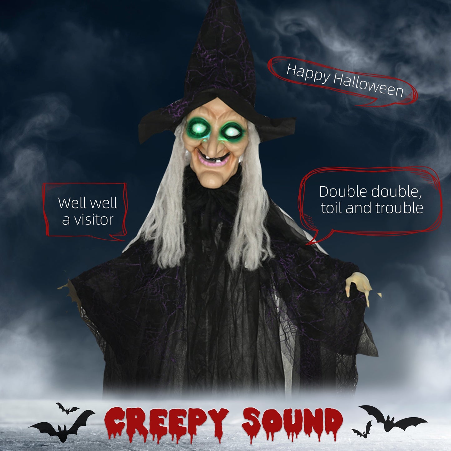 HOMCOM 6ft Outdoor Halloween Decoration Witch, Hanging Witch Prop Life Size with Sound and Motion Activated, Light Up Eyes, Talking Sound, Posable Arms