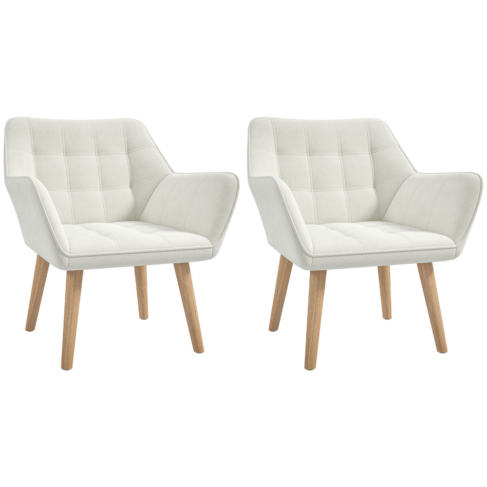 Set of 2 Accent Chair, Arm Chair with Slanted Back, Thick Padding and Rubber Wooden Legs for Living Room, Cream White