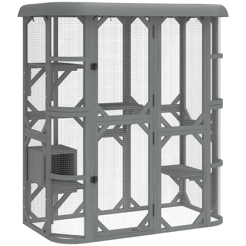 PawHut Catio Outdoor Cat Enclosure,  Wooden Cat House with Platforms, Condo and Waterproof Cover for 2â3 Kittens, Grey
