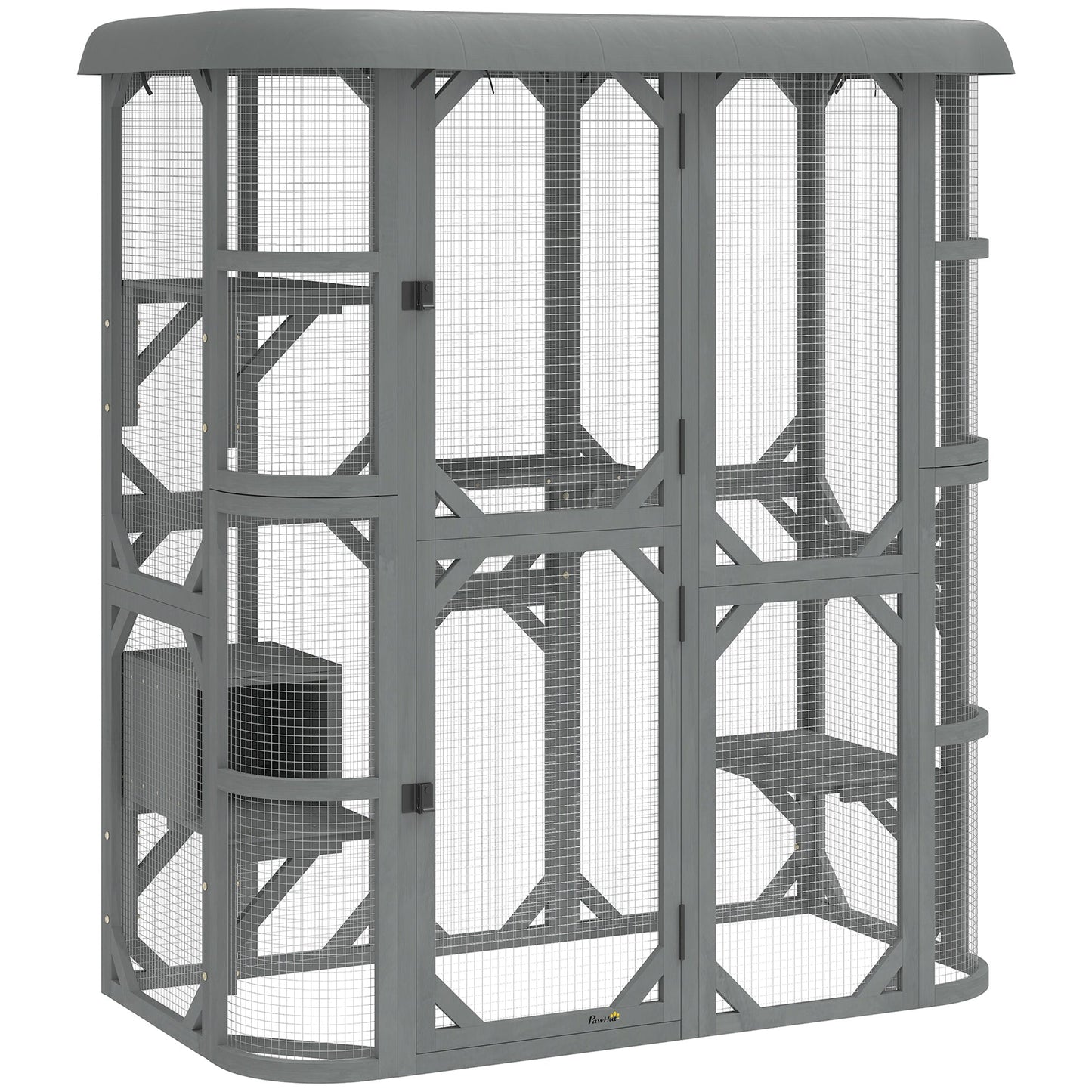 PawHut Catio Outdoor Cat Enclosure,  Wooden Cat House with Platforms, Condo and Waterproof Cover for 2â3 Kittens, Grey