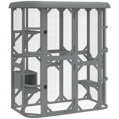 PawHut Catio Outdoor Cat Enclosure,  Wooden Cat House with Platforms, Condo and Waterproof Cover for 2â3 Kittens, Grey
