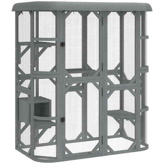 PawHut Catio Outdoor Cat Enclosure,  Wooden Cat House with Platforms, Condo and Waterproof Cover for 2â3 Kittens, Grey