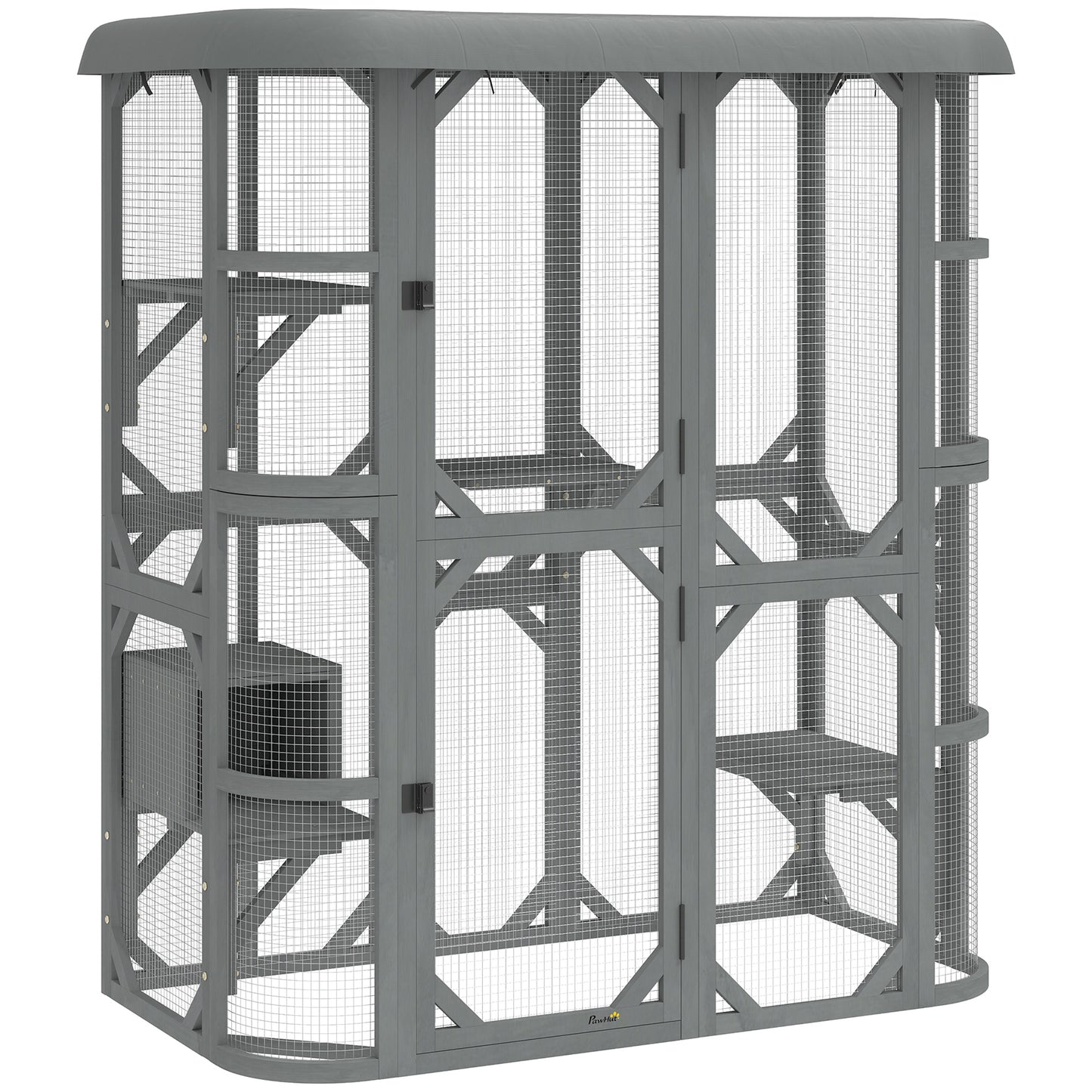 PawHut Catio Outdoor Cat Enclosure, Wooden Cat House with Platforms, Condo and Waterproof Cover for 2“3 Kittens, Grey