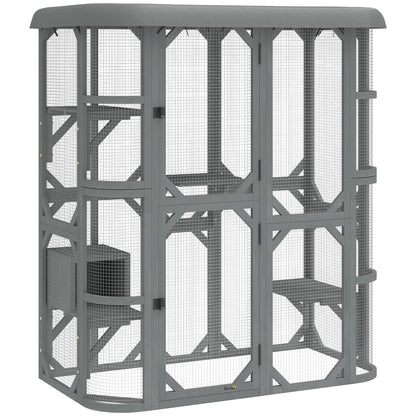PawHut Catio Outdoor Cat Enclosure, Wooden Cat House with Platforms, Condo and Waterproof Cover for 2“3 Kittens, Grey