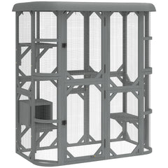 PawHut Catio Outdoor Cat Enclosure, Wooden Cat House with Platforms, Condo and Waterproof Cover for 2“3 Kittens, Grey