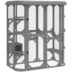 PawHut Catio Outdoor Cat Enclosure,  Wooden Cat House with Platforms, Condo and Waterproof Cover for 2â3 Kittens, Grey