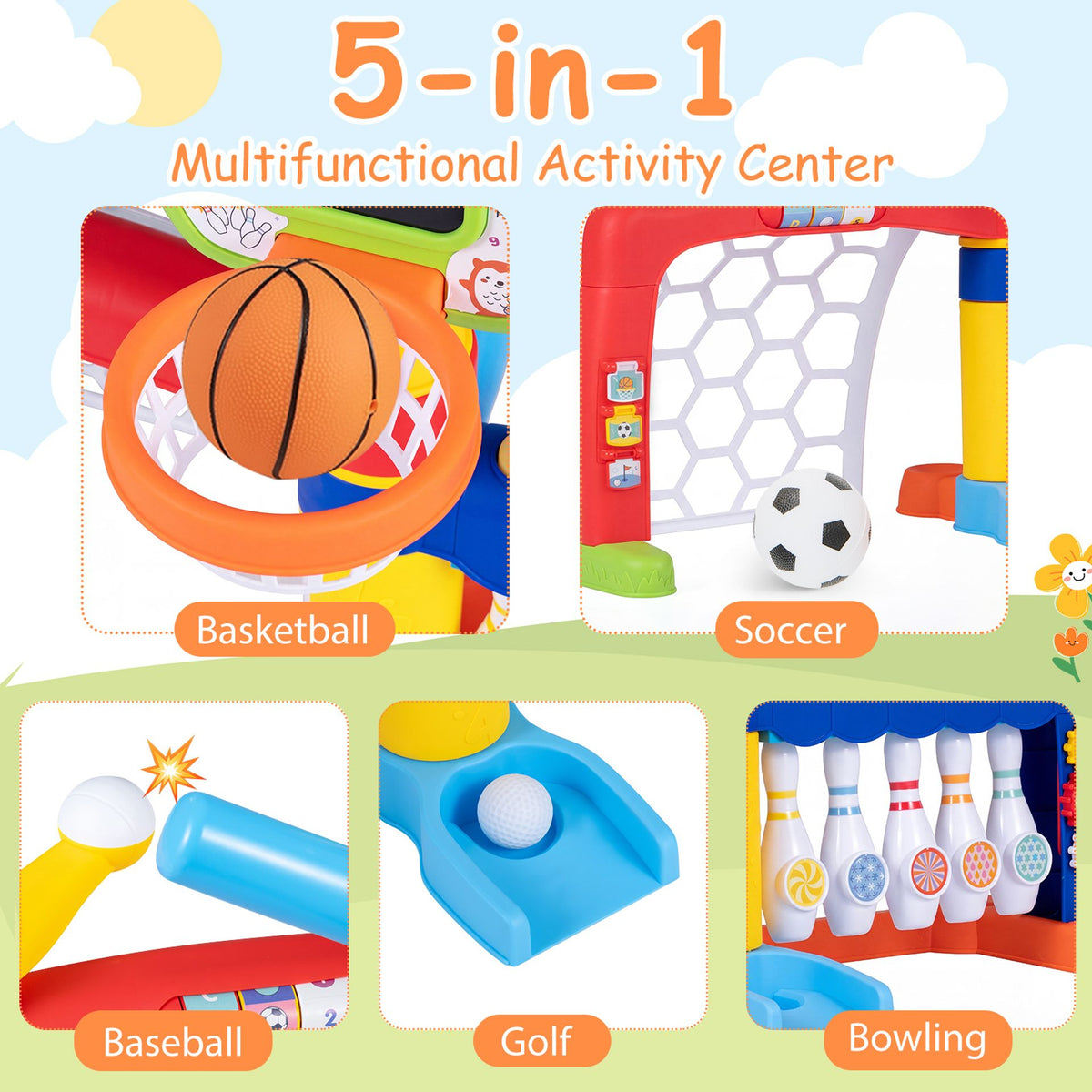 Toddler Sports Toy Kids Activity Center 5 in 1 with Adjustable Basketball Hoop-Multi-color