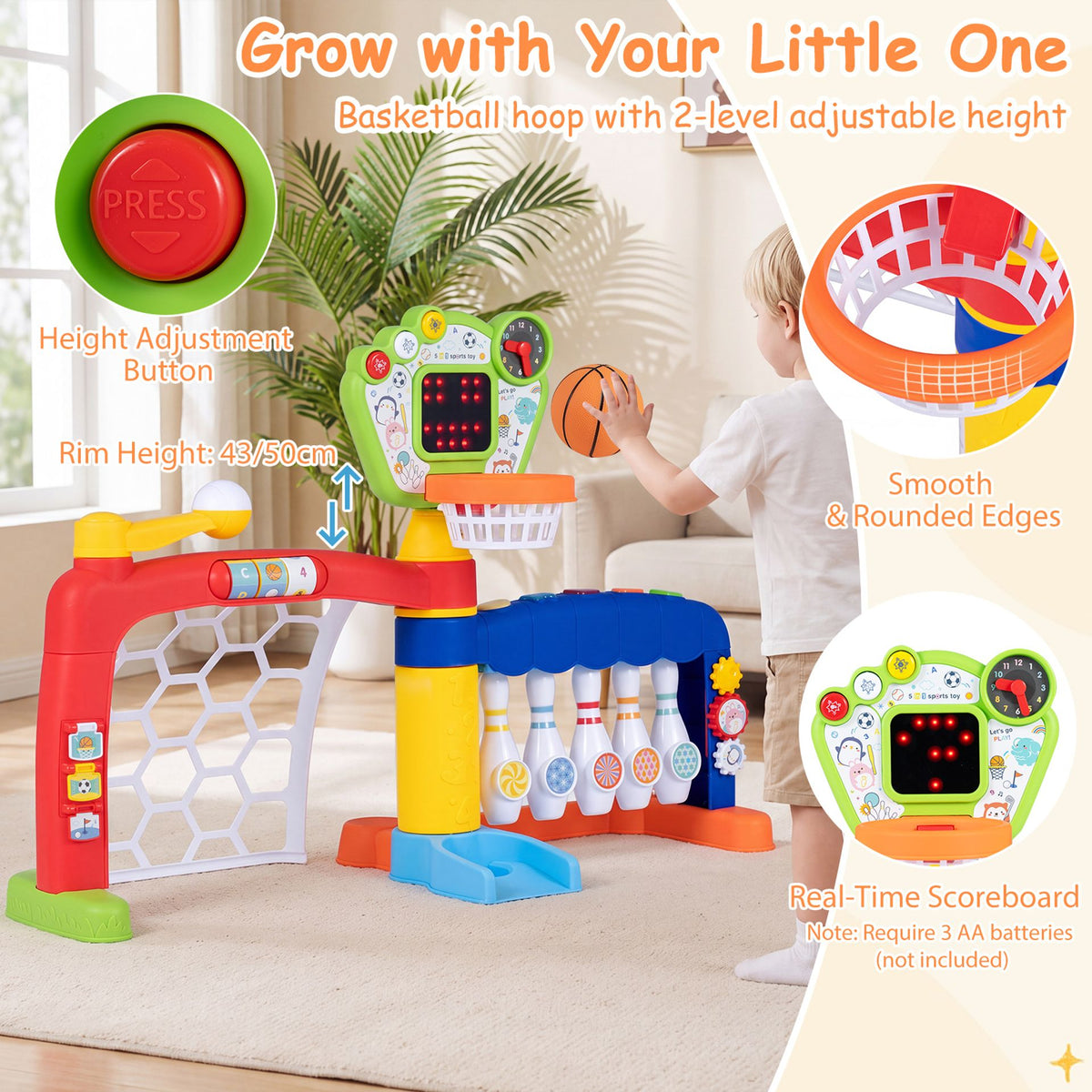 Toddler Sports Toy Kids Activity Center 5 in 1 with Adjustable Basketball Hoop-Multi-color